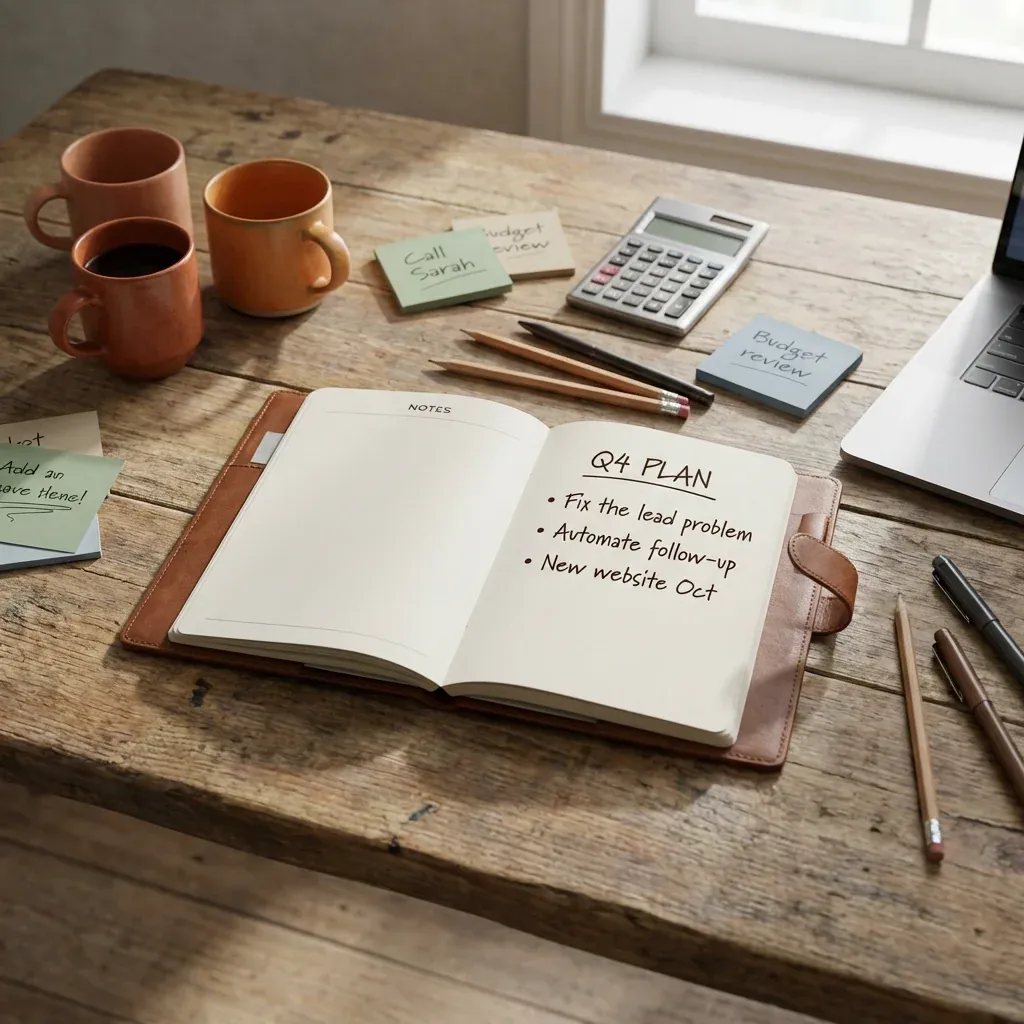 Business planning workspace with leather planner showing Q4 goals, coffee cups, and laptop